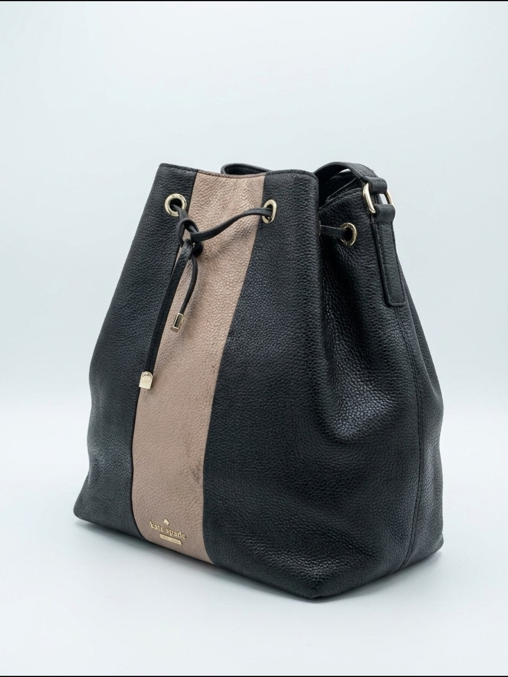 Kate Spade Black Taupe Leather Colorblock Drawstring Bucket Shoulder Bag
